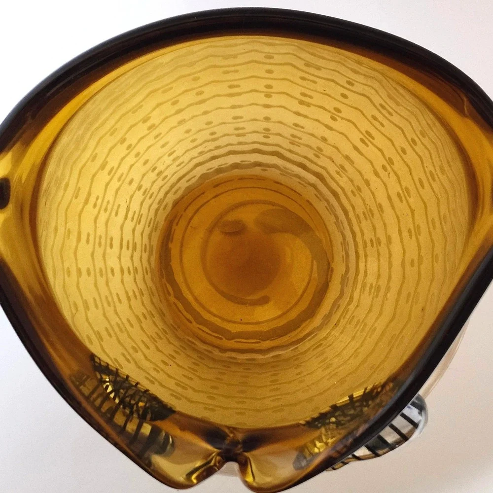 Amber Hand Blown Art Glass‎ Owl Hurricane Vase White Swirl Mid Century Style